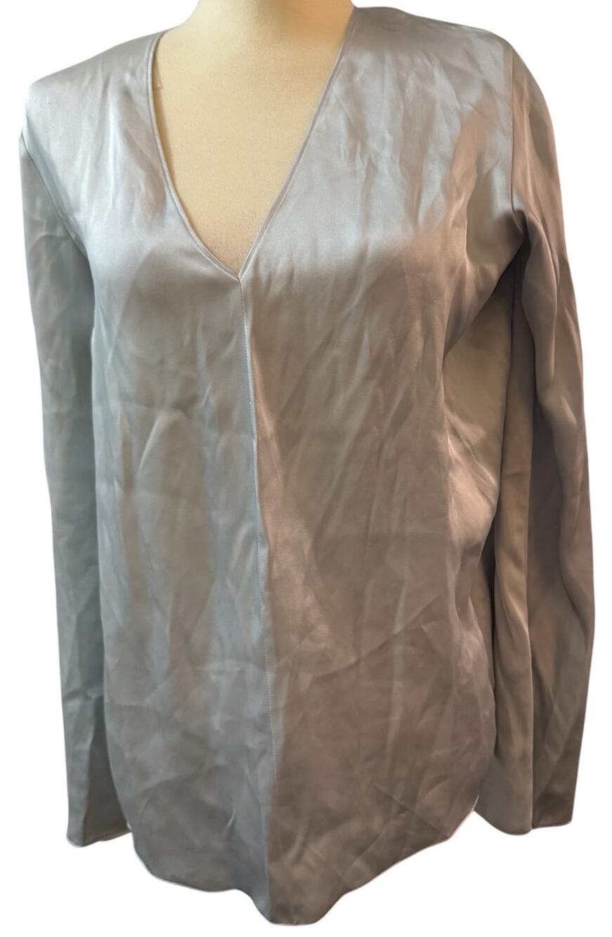 Giada Forte Silk Feel V-Neck Blouse, Gray Long Sleeve, Made In Italy, Medium